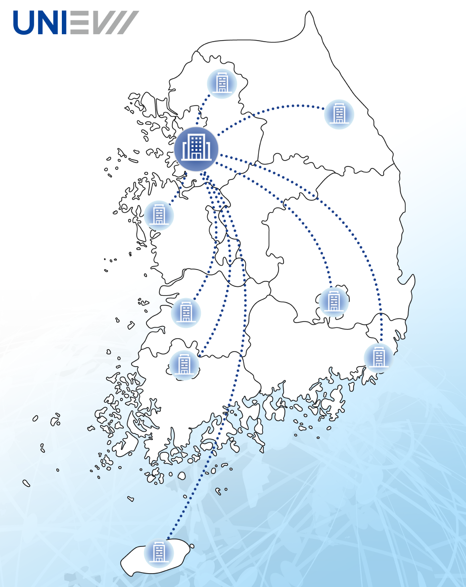 대한민국 지도에 유니이브이 본사가 표시되어있는 이미지